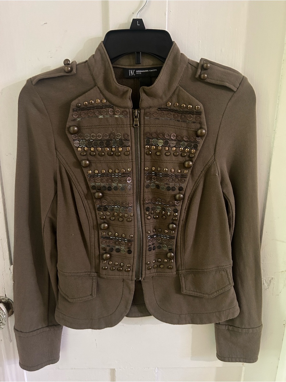 INC International Concepts Olive Military-Style Embellished Jacket
